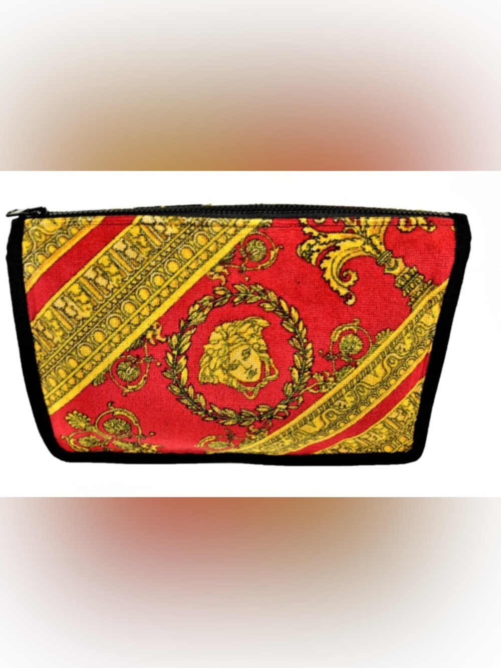 Versace Red and Gold Baroque Medusa Zip Cosmetic Pouch with Black Trim